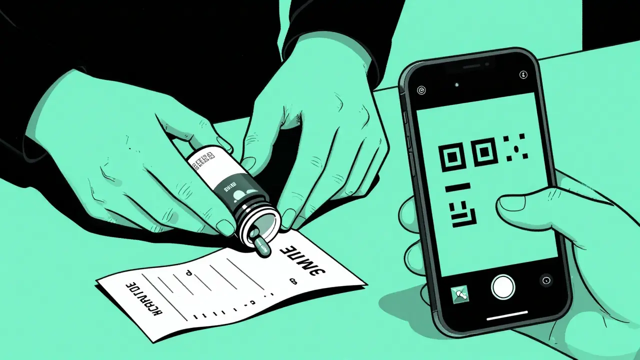 Hands preserving medication evidence and taking photos in illustration