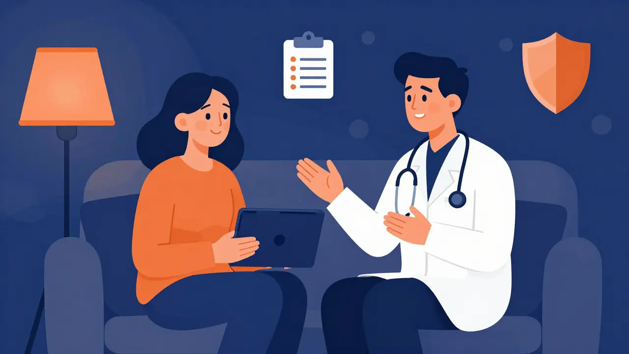 Person consulting a doctor via video call on a tablet for an online prescription.