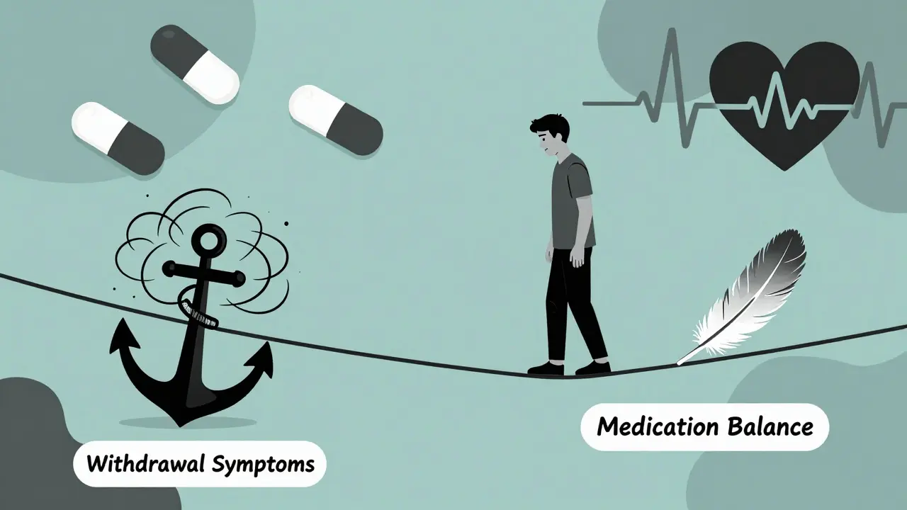 Person on tightrope balancing medication risks and withdrawal symptoms.