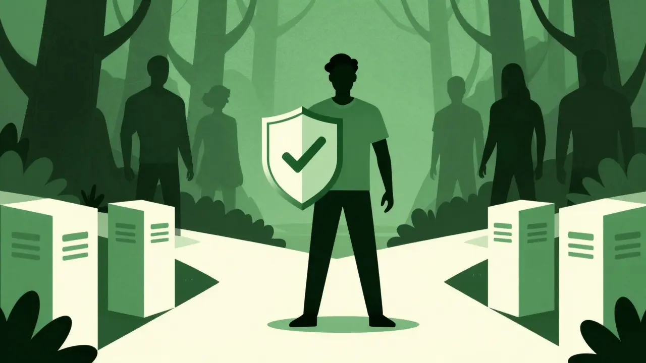 Person with safety shield standing against shadows of unsafe online pharmacies.