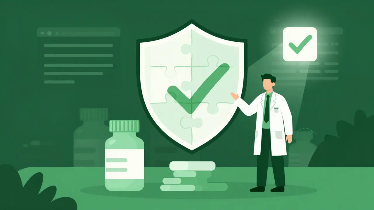 Shield protecting medicine bottle from fake online pharmacy threats