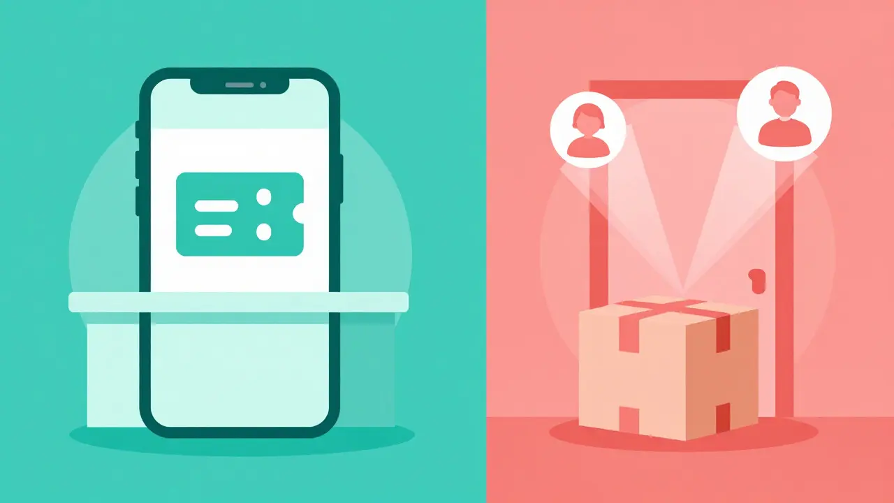 Split view comparing digital coupons at pharmacies versus home delivery services.