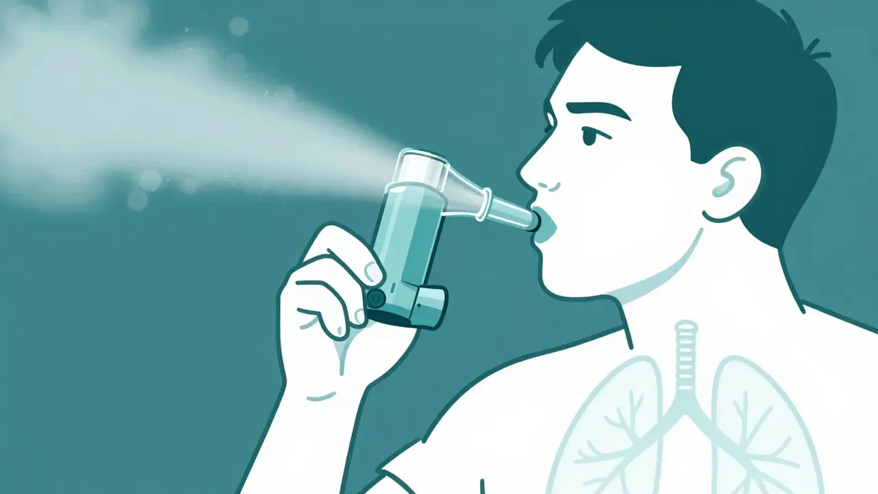 Teal duotone illustration of proper inhaler use with a spacer device