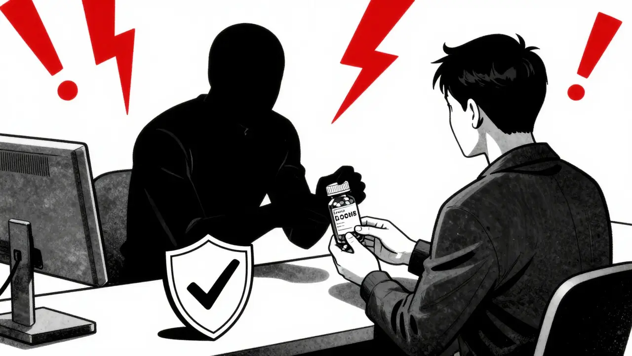 Warning illustration of unsafe online pharmacies versus verified ones.