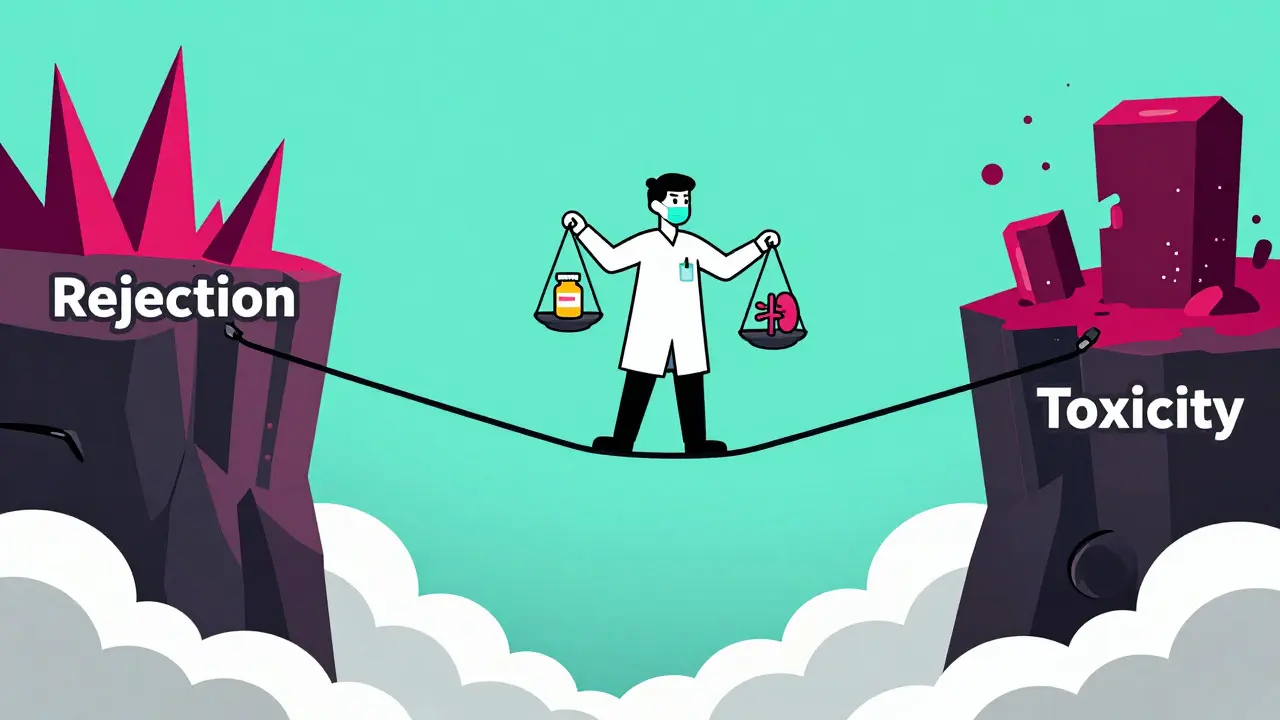 Cartoon depiction of a doctor balancing on a tightrope between rejection and toxicity