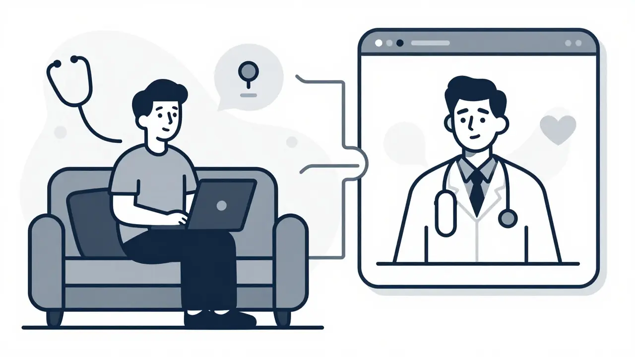 Cartoon depiction of a patient and doctor connected via video call