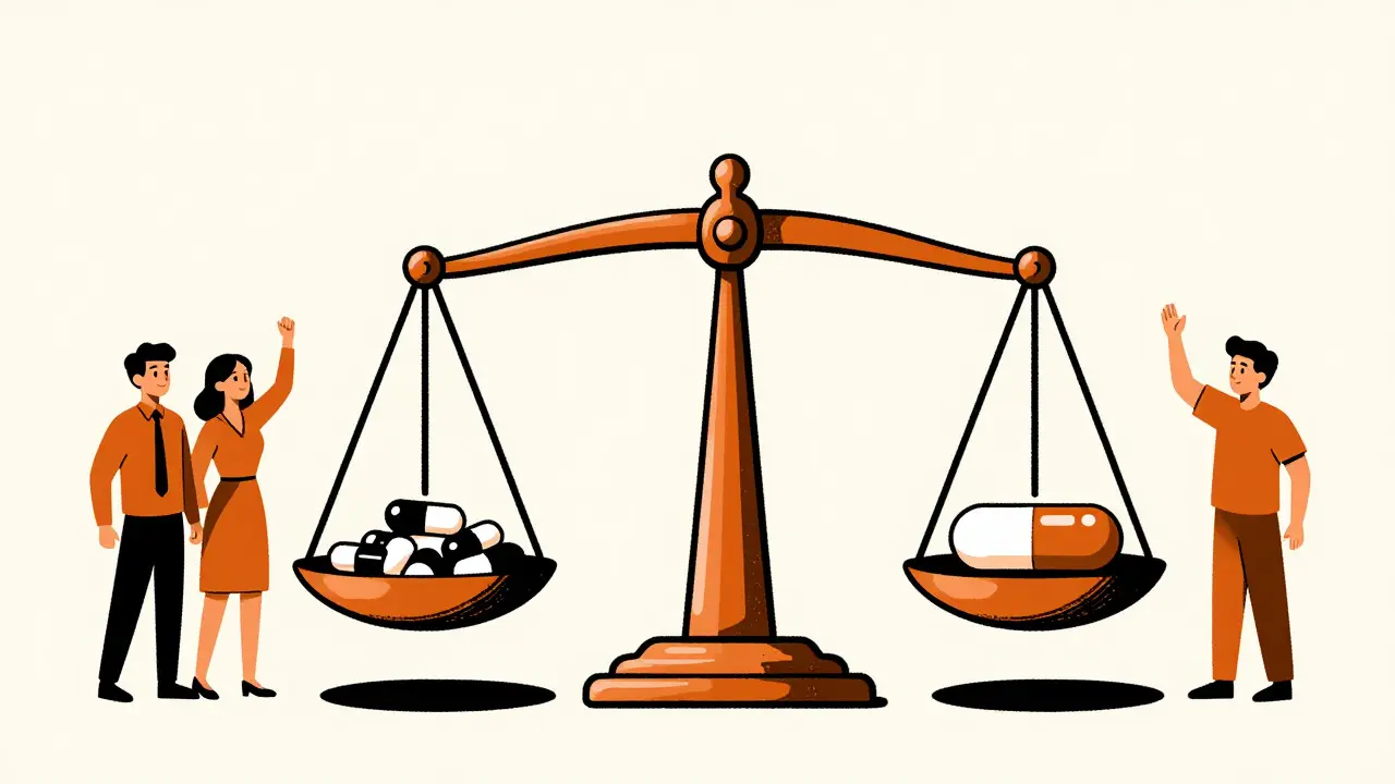 Cartoon of a balance scale tipping toward multiple generic competitors over a single maker