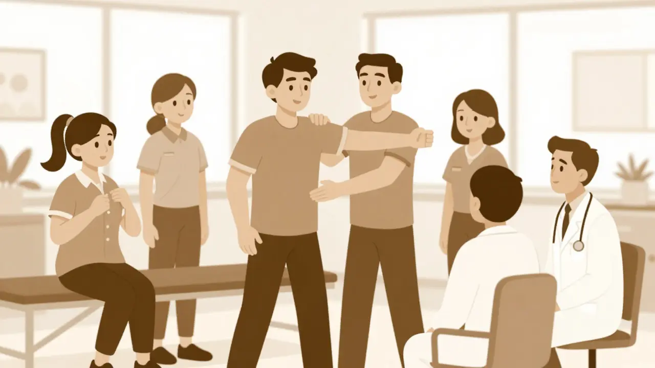 Cartoon of a therapy team supporting a patient with mobility and communication exercises