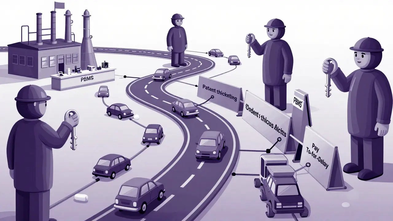 Diagrammatic illustration of a supply chain with gatekeepers controlling drug distribution