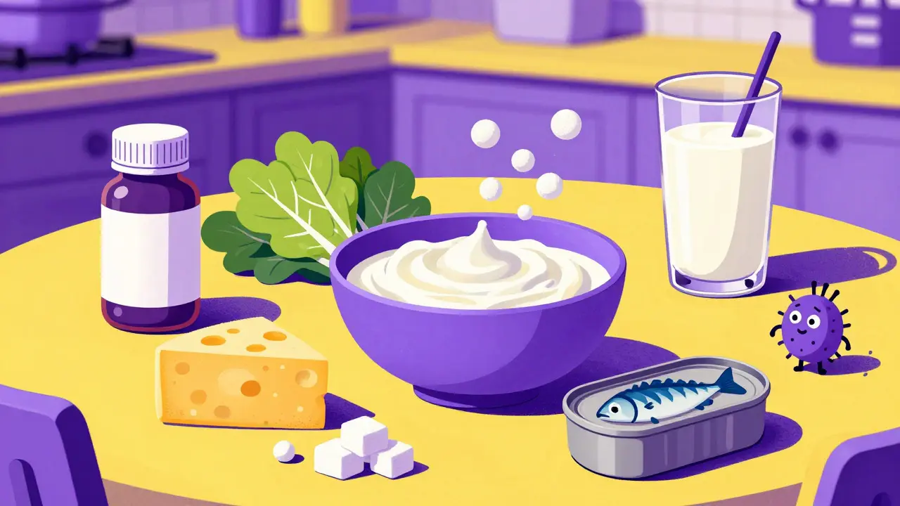 Duotone cartoon showing dairy alternatives and probiotics for dietary management