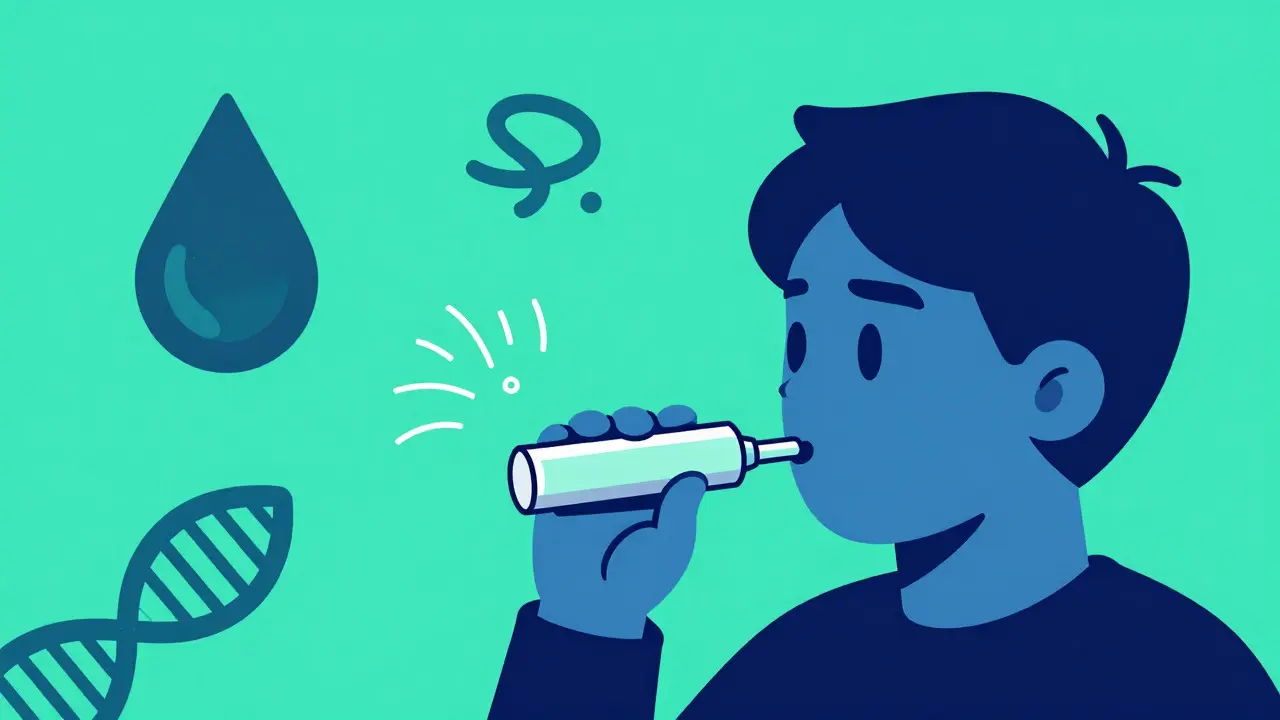 Duotone illustration of lactose intolerance diagnostic tests like breath analysis