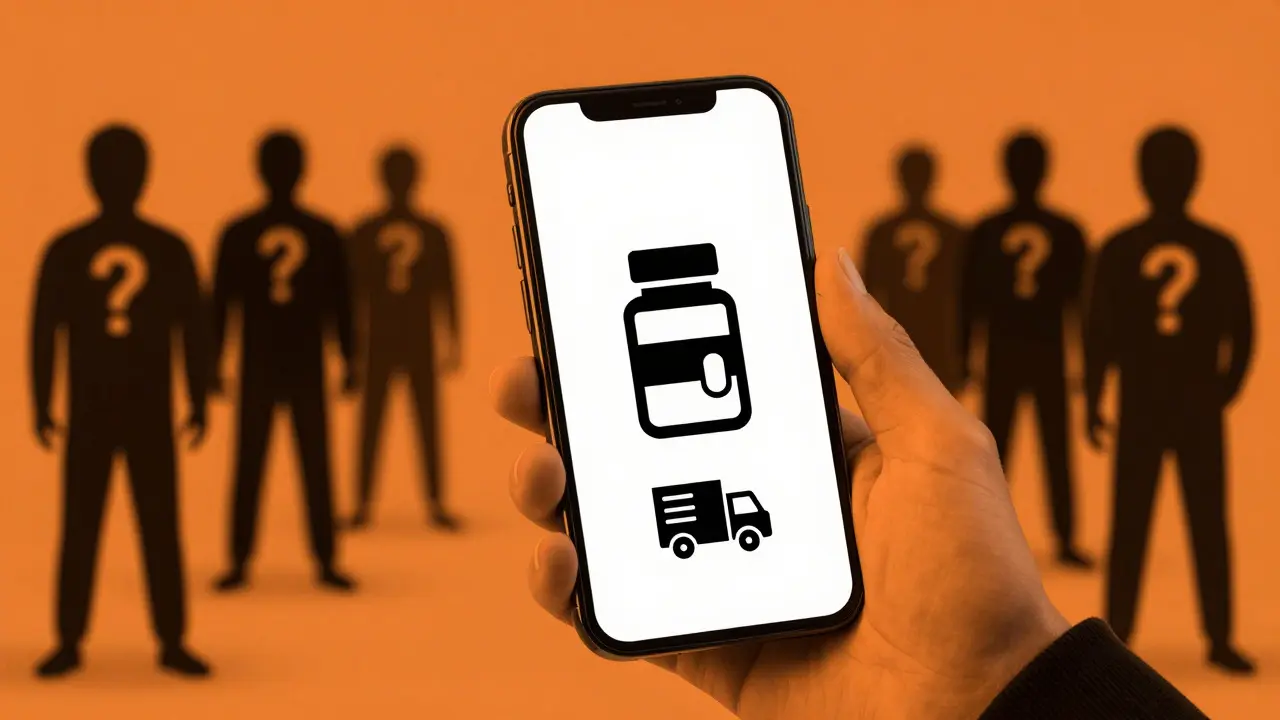 Hand holding phone with delivery icon, avoiding scams, duotone