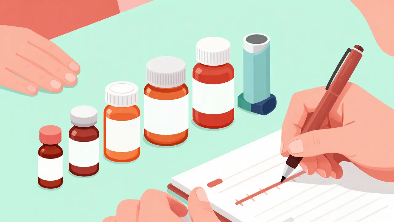 Hand organizing pill bottles and writing notes on a desk