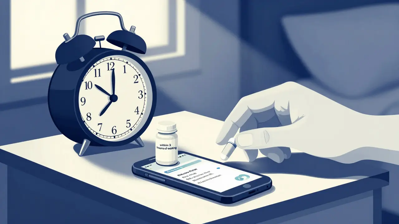 Hand taking morning medication near alarm clock in duotone illustration
