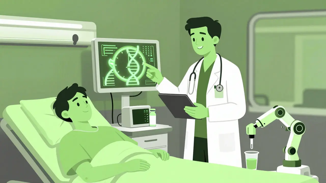 Illustration of a doctor using genetic data and technology to personalize medication dosing