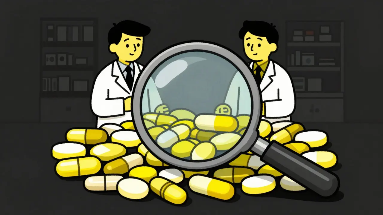 Illustration of a magnifying glass inspecting a group of pills