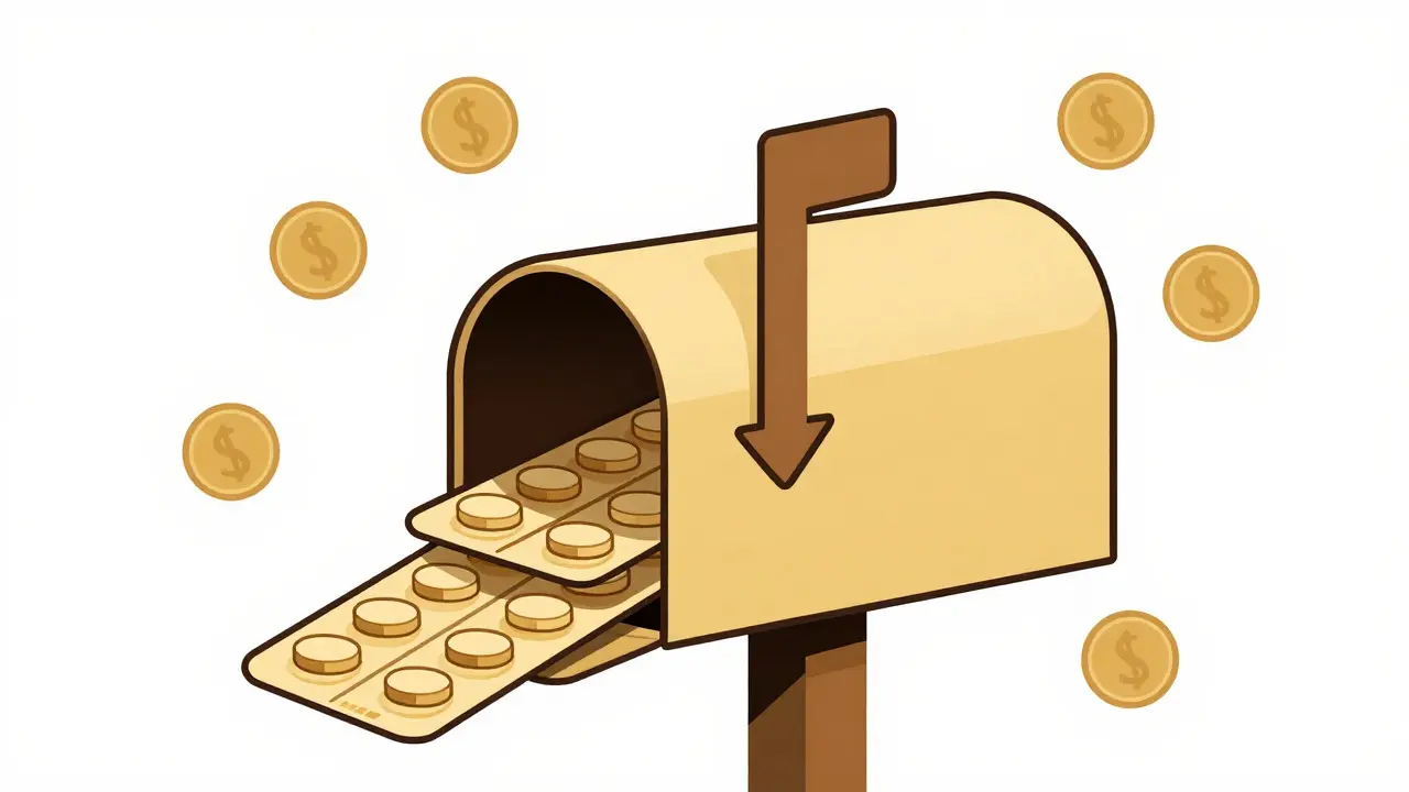 Illustration of a mailbox filled with multiple pill packs representing savings