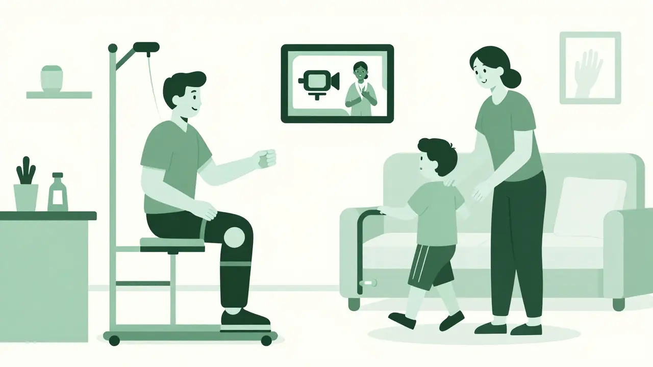 Illustration of a patient using robotics in clinic and receiving home support via video