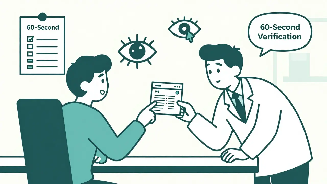 Patient discussing label discrepancy with pharmacist in duotone cartoon style
