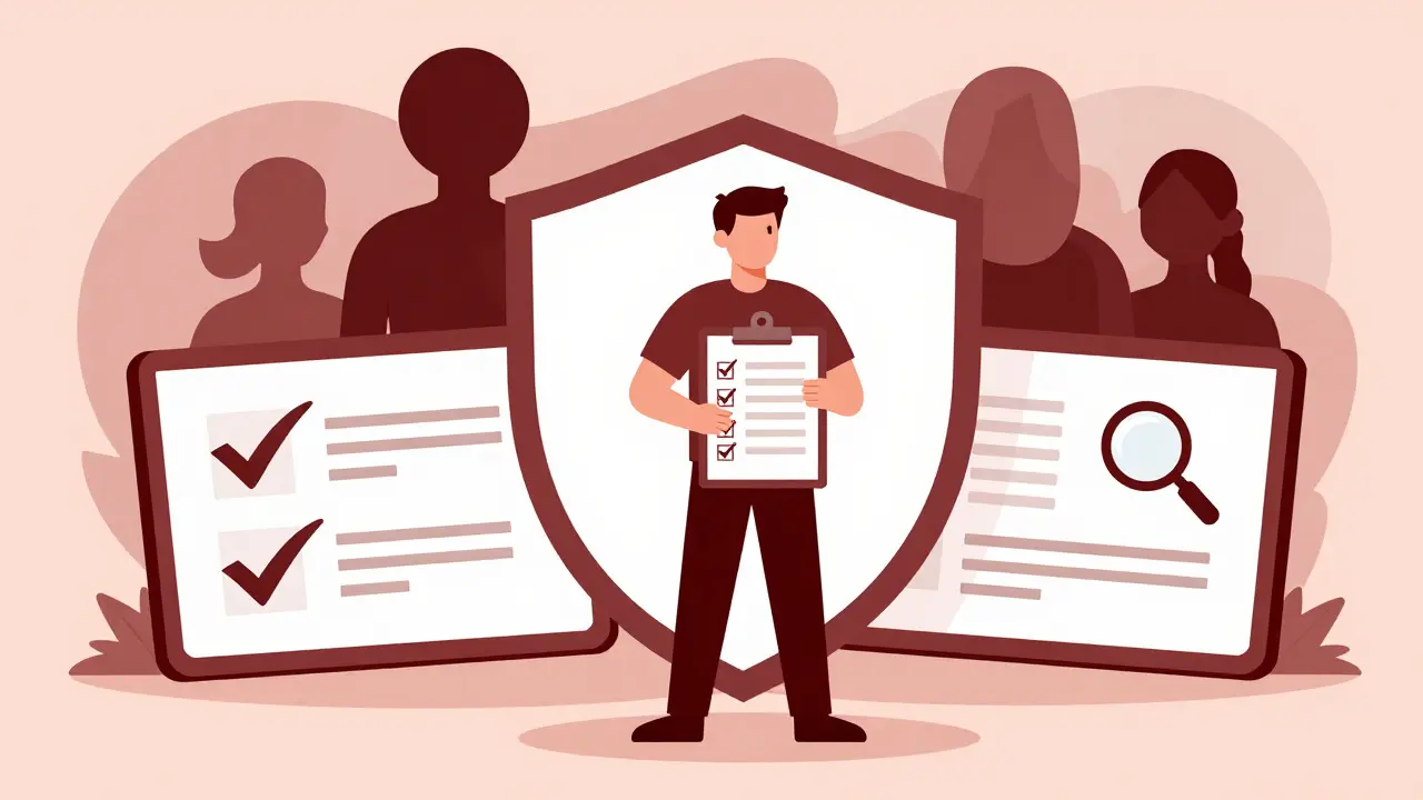 Person checking a list behind a protective shield, blocking out shadowy scam representations