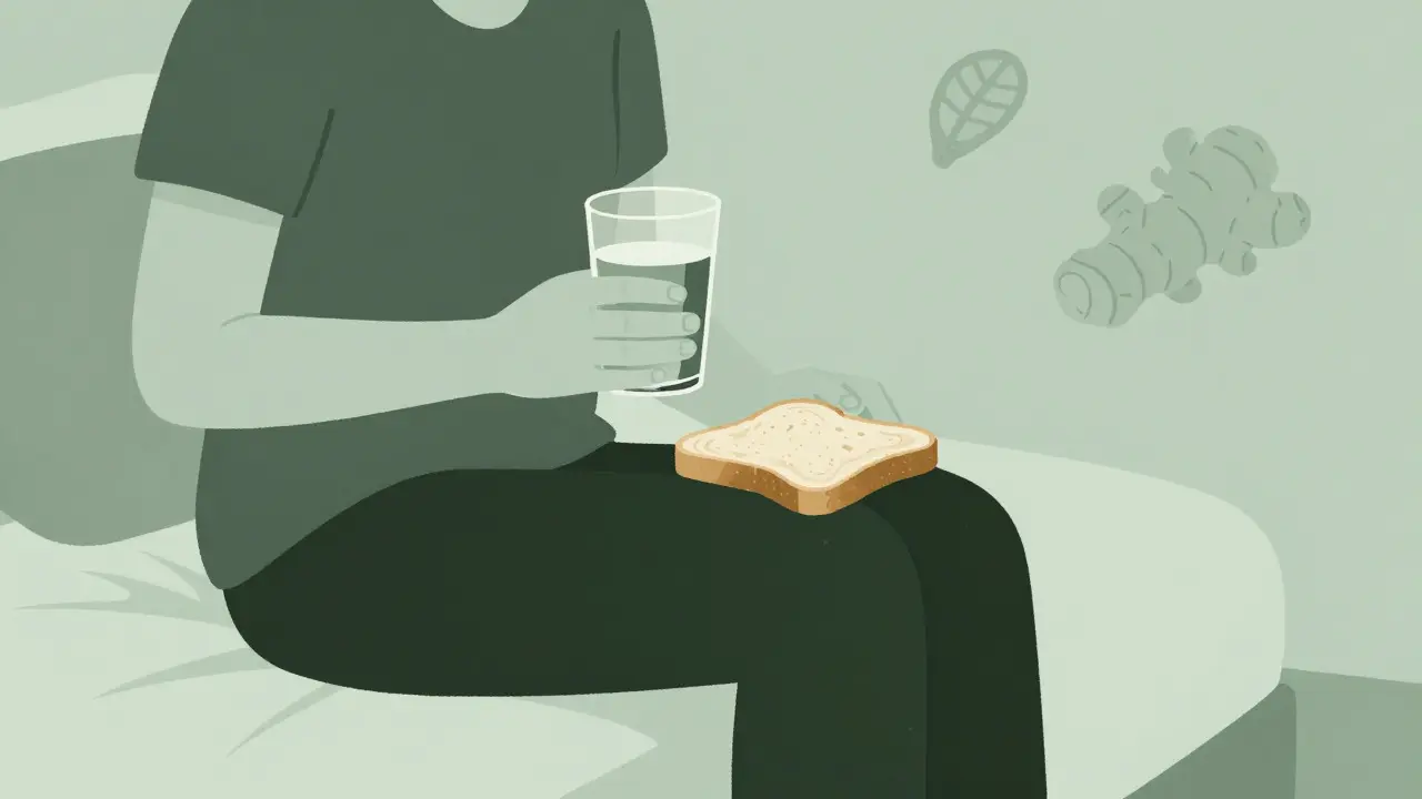 Person managing side effects with toast and water in duotone style