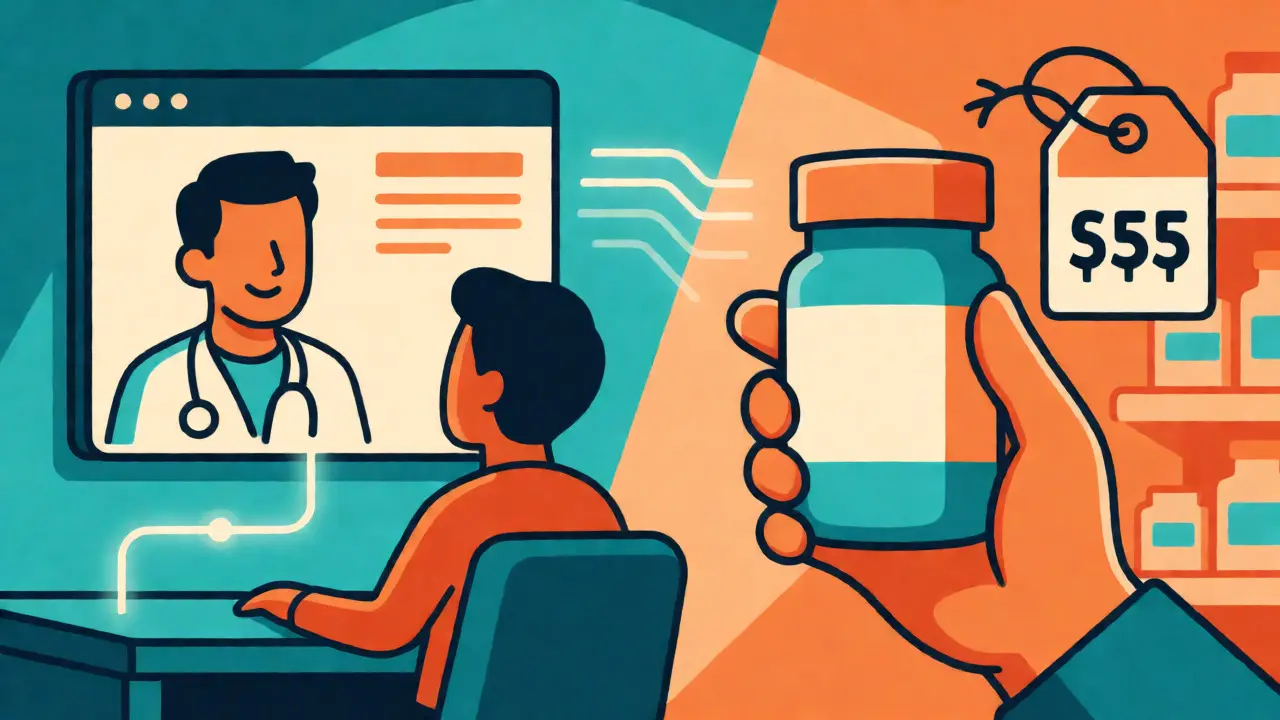 Split illustration comparing telehealth consultation with affordable generic medication options.