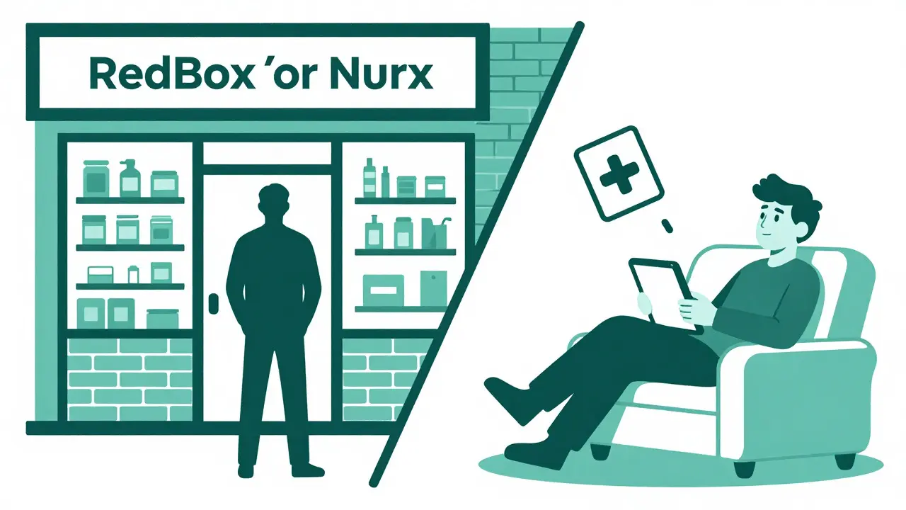 Split-screen cartoon showing the difference between physical pharmacies and online telehealth delivery