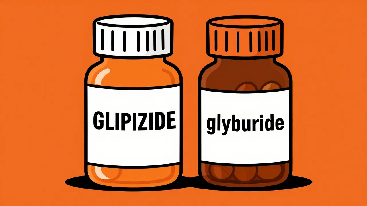 Two similar pill bottles highlighting tall-man lettering in duotone illustration