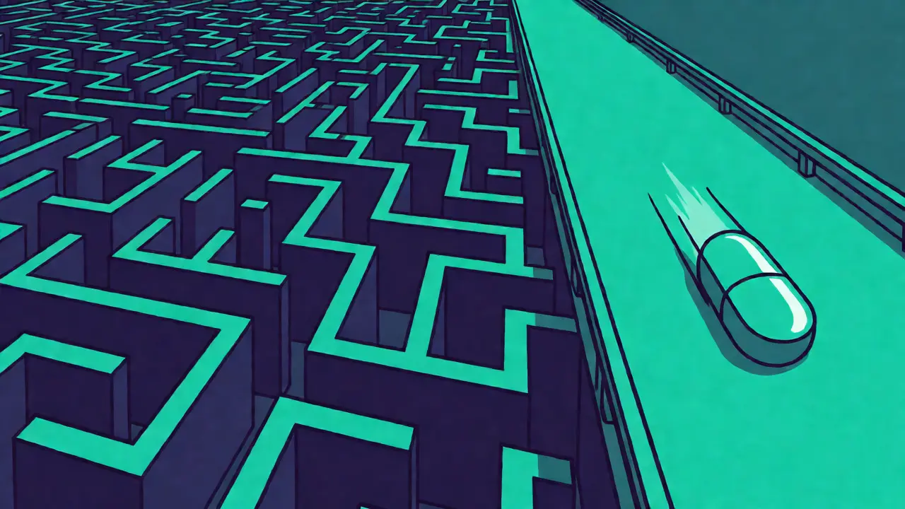 Conceptual maze versus highway illustration comparing brand-name drug trials to the generic ANDA shortcut.