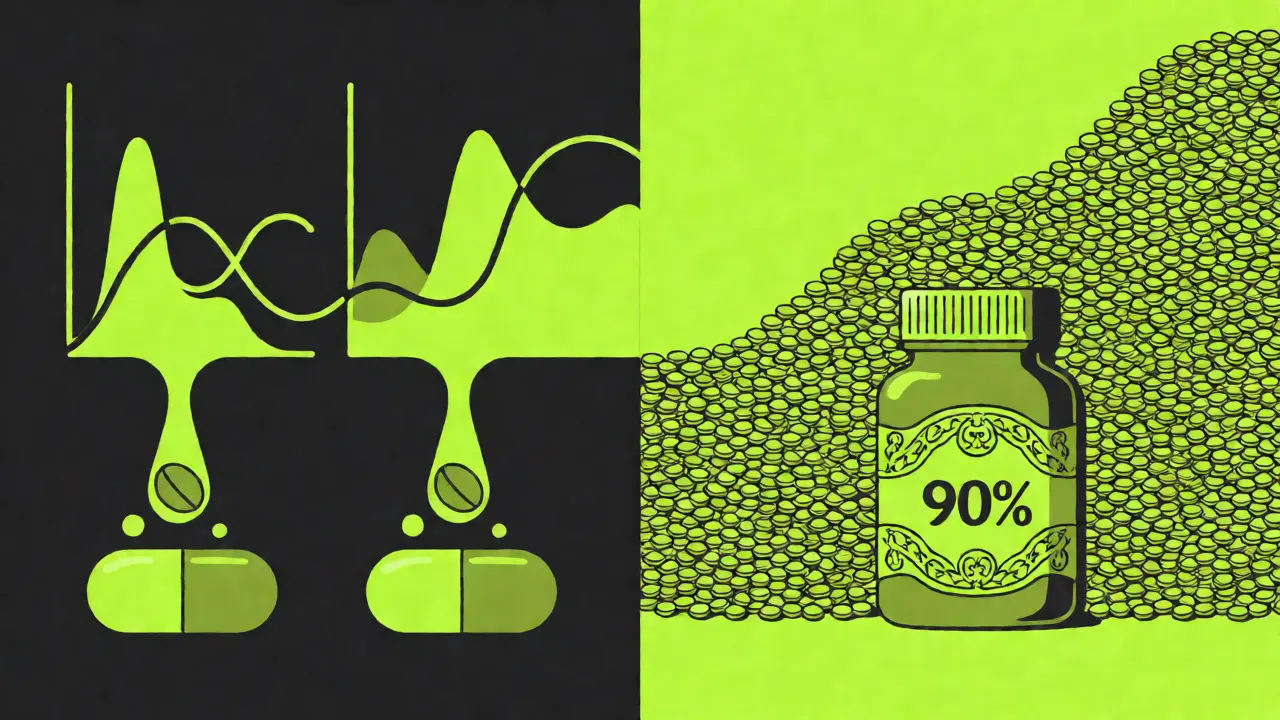 Split-screen graphic showing overlapping blood concentration graphs and a wave of generic pills replacing brand bottles.